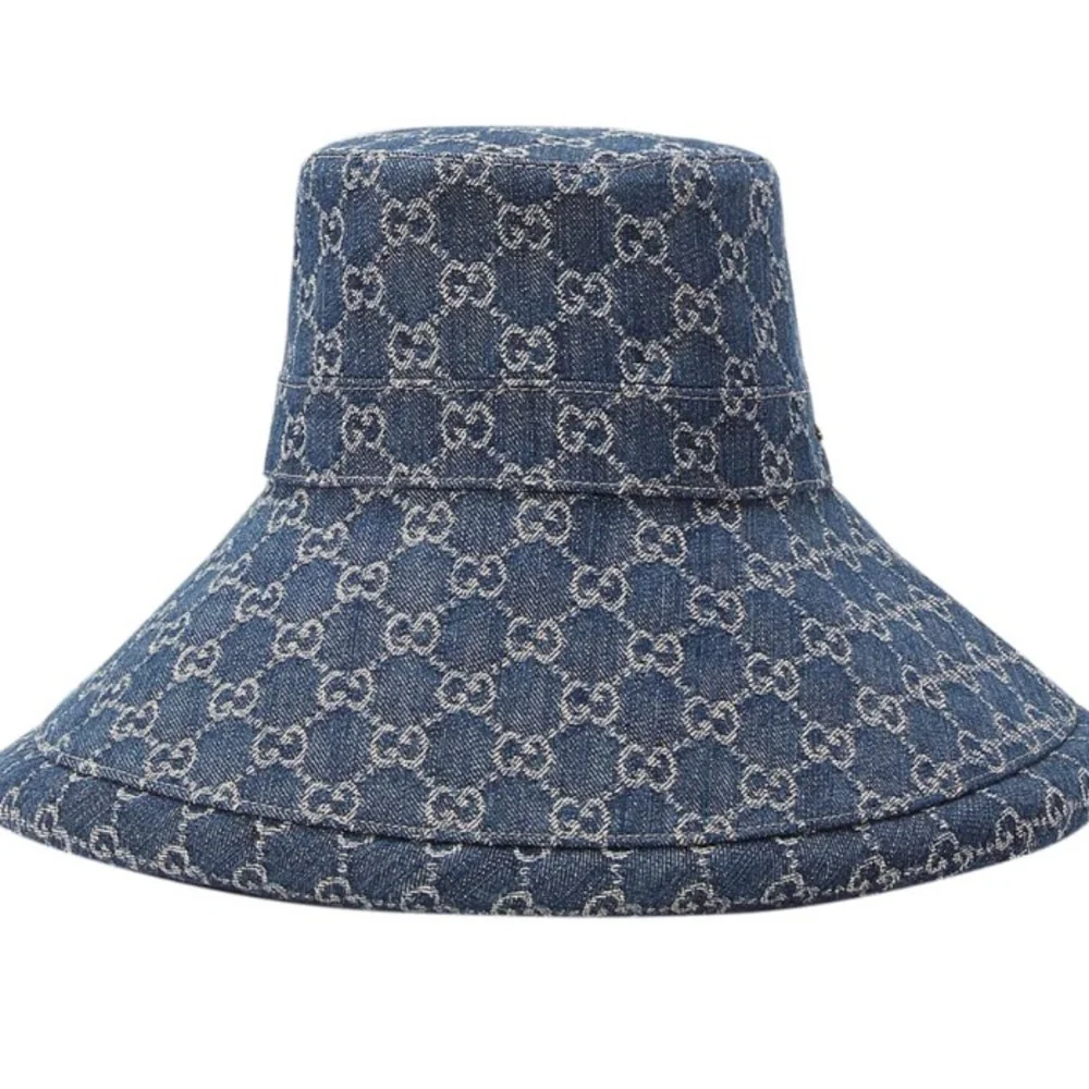 Denim Monogram Wide Large Brim Jacquard Bucket Hat Navy Blue Beach Sun Coverage - Picture 10 of 16